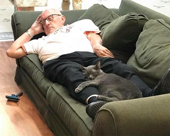猫たちに大人気。毎日動物施設を訪れ、孤独を抱えた保護猫と一緒にお昼寝するボランティアのおじさん（アメリカ）