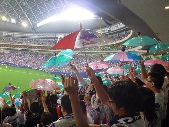 ヤクルトファンの応援風景。2011年秋、クライマックスシリーズファイナルステージ、ナゴヤドームにて（shiori.kさん撮影、Wikimedia Commonsより）