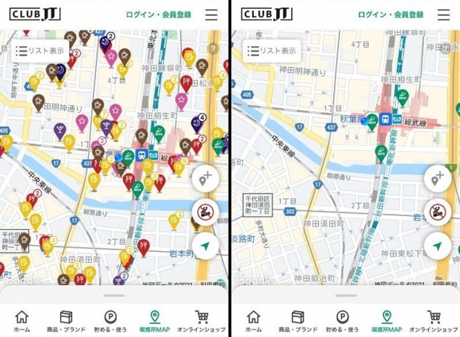 画面左がJR秋葉原駅周辺の喫煙スポット。右が一般の喫煙所だ（画像は「喫煙所MAP」を筆者がスクリーンショットしたもの）