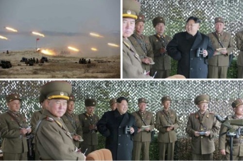 朝鮮人民軍大連合部隊別女性ロケット砲兵射撃競技を指導した金正恩氏（2016年11月19日付労働新聞より）