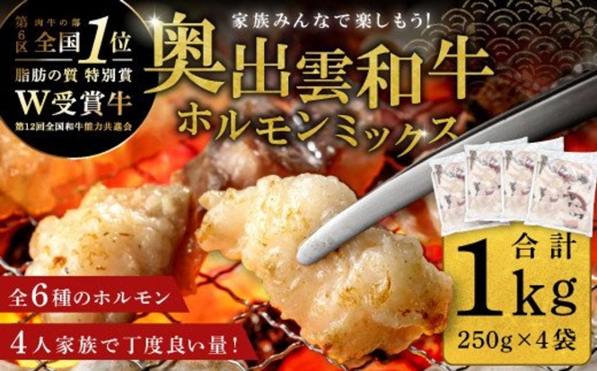 島根県 奥出雲町「奥出雲和牛ホルモンミックス（家族で楽しむ極上ホルモン）1kg（250g×4袋）」12,000 円（ふるさとチョイスより）