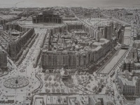 記憶を頼りに都市の俯瞰図をペン画で描いた「世界都市景観図」