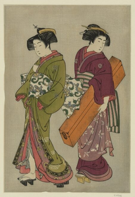 三味線を持った下女と芸妓北尾重政　public domain