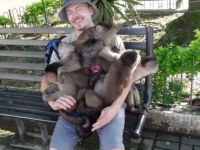 「そのタマネギちょっと貸して！」とやってきた猿たちが膝の上で団子状になり、被写体の男性ビックリにっこり