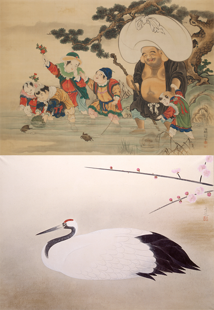 上から　狩野一信《布袋唐子図》小林古径 《鶴》 