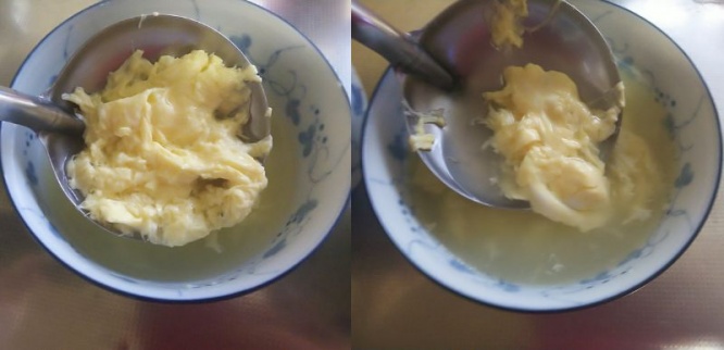 左が普通の、右が「ふわふわ卵スープのコツ」を使って作ったもの