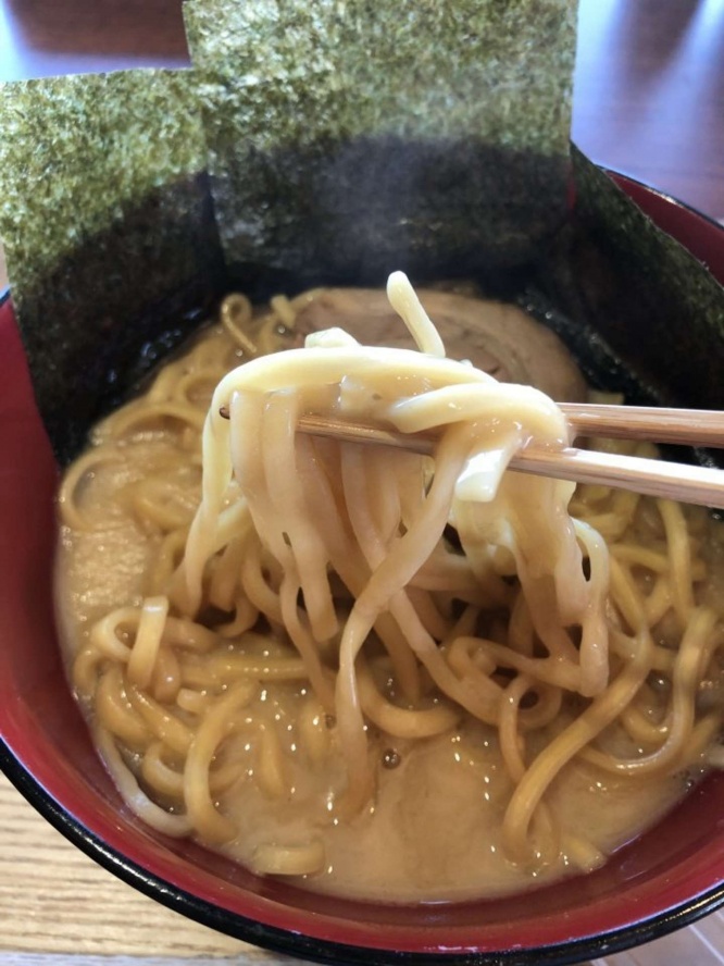 太めの麺と濃厚な醤油豚骨スープがよく合う