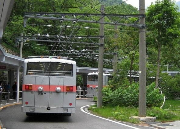 電車のように架線から電気を取っている(Neruruさん撮影、Wikimedia Commonsより)