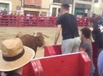 壁があるからと油断してたら…　闘牛に猛烈なタックルをお見舞いされてしまう。