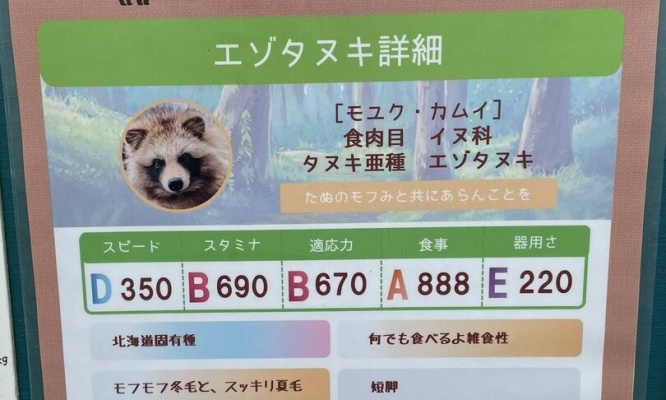 動物園の「たぬきのステータス」ポスターに、ウマ娘トレーナー大盛り上がり　飼育員の「推し」はやっぱり...