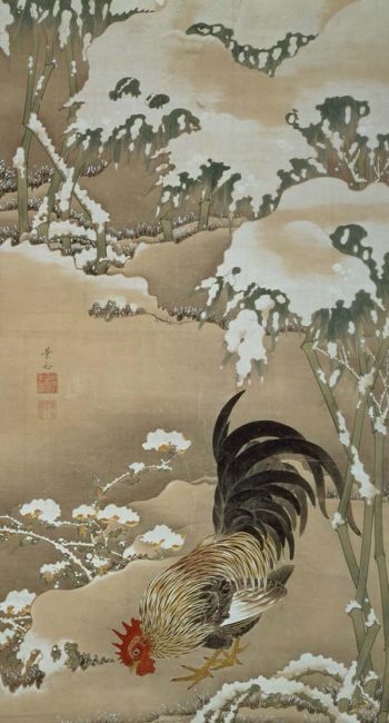 雪中雄鶏図 紙本著色 l幅