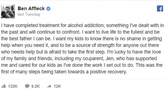 ベン・アフレック、アルコール依存症のリハビリを終えたと告白