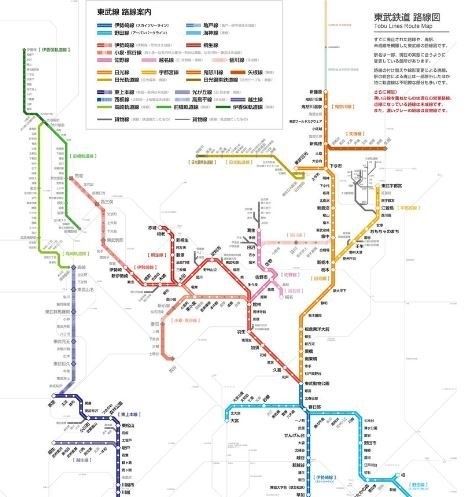 北関東エリアが網の目のように充実している。緑系のカラーの線が群馬の路面電車