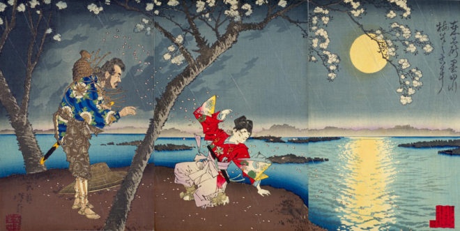 武者无類外ニ三枚続キ画帖 東名所墨田川梅若之古事 画：月岡芳年 国立国会図書館デジタルコレクションより