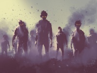 zombie crowd walking at night,halloween concept,illustration painting