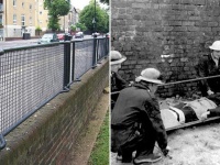 ロンドンの街のフェンスとして使用されている、第二次世界大戦中に使用されていた鉄製の担架（イギリス）