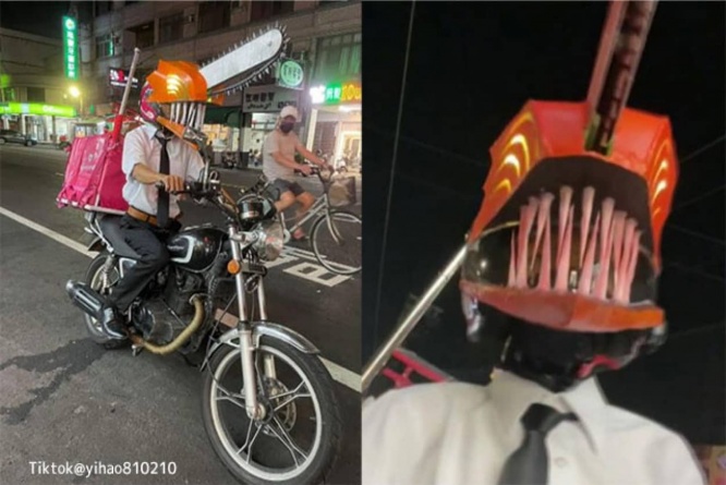 チェンソーマンが好きすぎる台湾の配達員、ヘルメットを魔改造してバイクに乗ったところ、交通違反で罰金の可能性