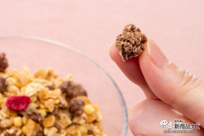 指でつまんだ『くちどけチョコレートグラノラハーフ』のチョコレートグラノラ