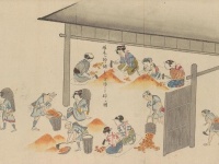 「阿仁鉱山　銅山働方之図」。鉱山の作業場に女性の姿が多く見られる。中には赤ん坊を背負った女性も......（秋田大学「鉱山絵図・絵巻デジタルギャラリー」