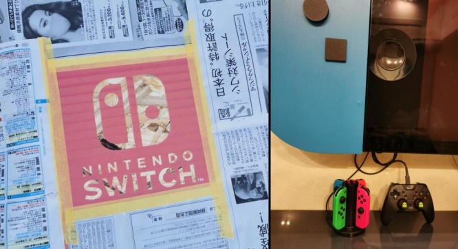 左の写真はロゴにスプレーする前。右はコントローラー充電中の風景。一つのSwitchをめぐって兄弟喧嘩が絶えないため、「Joy-Con」は2セットあるという