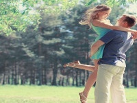 Sweet couple in love in spring sunny day