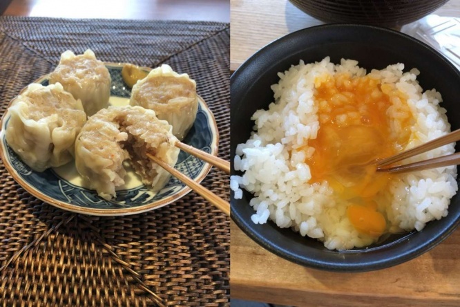 シュウマイと卵かけごはん