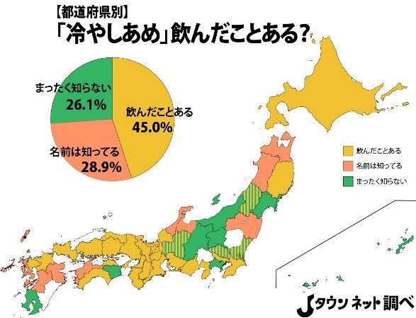 『冷やしあめ』飲んだことある？」調査結果（Jタウンネット調べ）＊投票がなかった県は、白地のままとした。