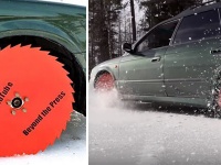 リアル走る凶器！車のタイヤをノコギリに換えて氷上を走るトンデモ実験、さらには路上まで！（フィンランド）