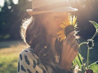 Girl smells sunflower in nature