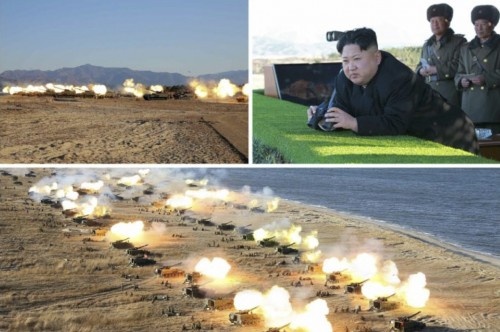 北朝鮮軍前線砲兵部隊の砲兵隊集中火力打撃演習を指導した金正恩氏（2016年12月2日付労働新聞より）