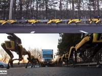 壮観！ボストンダイナミクスの4足ロボットが群れで巨大トラックをけん引中。犬ぞりにも似た・・・