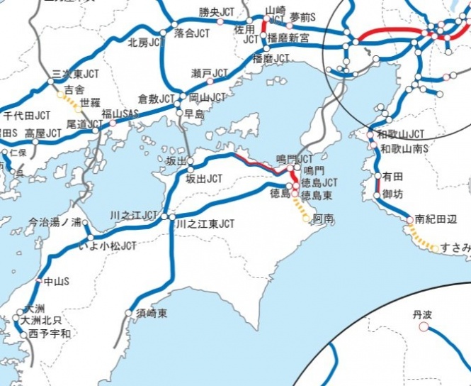 NEXCO西日本の道路網図。本州と四国を結ぶ高速道路は、JB本四高速の管轄のためグレーの線になっている（NEXCO西日本の公式サイトより）