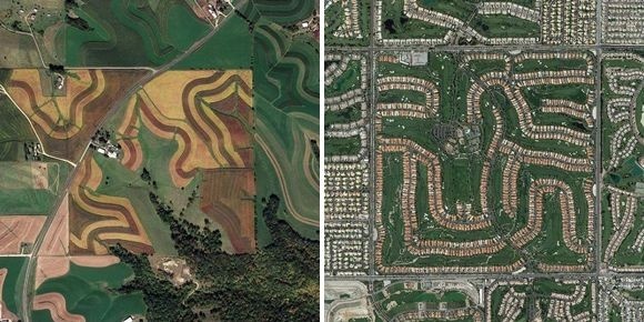 格子状に区画された土地を上空から見るとジオメトリックな美しさ。アメリカ「ジェファーソンの格子」
