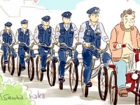 警官たちを引き連れ進む、おじいちゃんの正体は？　午前8時にすれ違った不思議な「渋滞」に妄想膨らむ