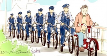 警官たちを引き連れ進む、おじいちゃんの正体は？　午前8時にすれ違った不思議な「渋滞」に妄想膨らむ
