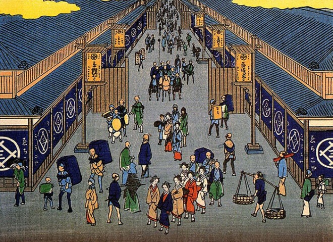 名所江戸百景 駿河町（部分）越後屋の暖簾が見える 画：歌川広重 ウィキペディアより