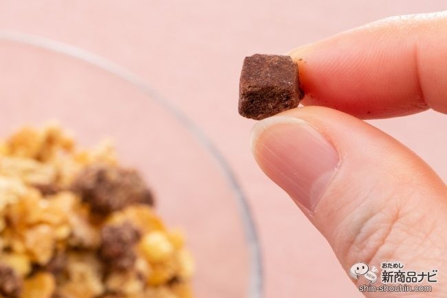 指でつまんだ『くちどけチョコレートグラノラハーフ』のチョコレートキューブ