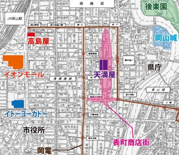 岡山電気軌道の路線図（岡山市公式サイトの都市計画マスタープランをもとに編集部作成）