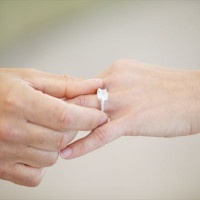 Cropped view of a man's hand sliding a wedding ring onto a woman's ring finger