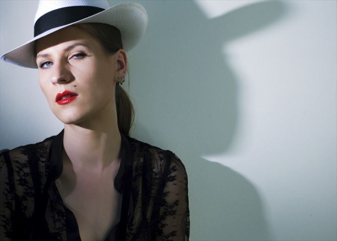 retro portrait in white hat