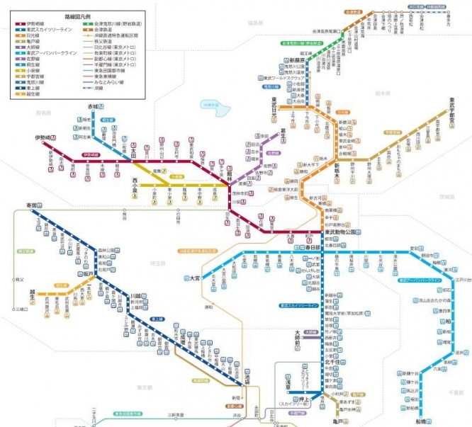 現在の東武の路線図。関東最大規模のはずだがさきほどの路線図にを見てしまうと物足りない（公式サイトより引用）