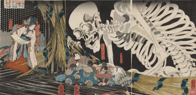 歌川国芳「相馬の古内裏に将門の姫君滝夜叉妖術を以て味方を集むる 大宅太郎光国 （ おおやのたろうみつくに ） 妖怪を試さんと 爰 （ ここ ） に来り 竟 （ つい ） に是を亡ぼす」