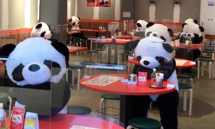 「全員疲れてるパパみたい」？　飲茶レストランの席を埋める特大パンダがシュールでかわいい