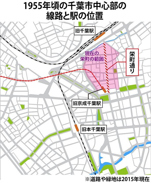 旧千葉駅と旧京成千葉駅の位置（地図は編集部作成）