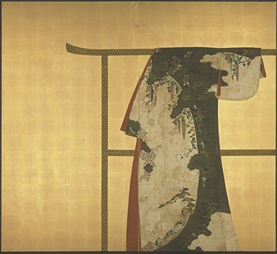 桜花藤模様小袖（おうかふじもようこそで）（屏風装）江戸時代前期・17世紀 慶長風俗展覧会（銀座・松屋呉服店、大正15年）出陳品
