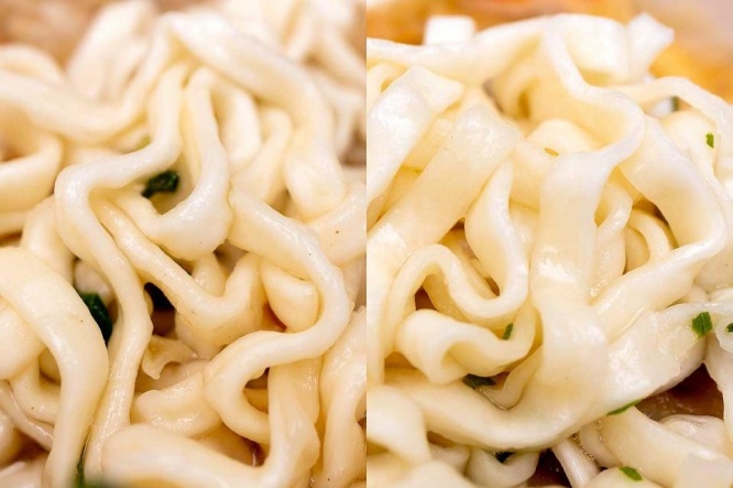 麺の違い（左：サンポー食品、右：東洋水産）