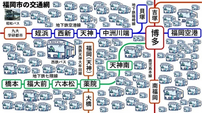 福岡市内の交通網〝勢力図〟が話題に　「だいたい合ってる」「西日本鉄道とは言うものの...」