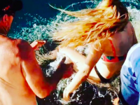 掃除機のような吸引力。オオテンジクザメにエサをやろうとした女性、指をかまれて海中へズドン！(オーストラリア)