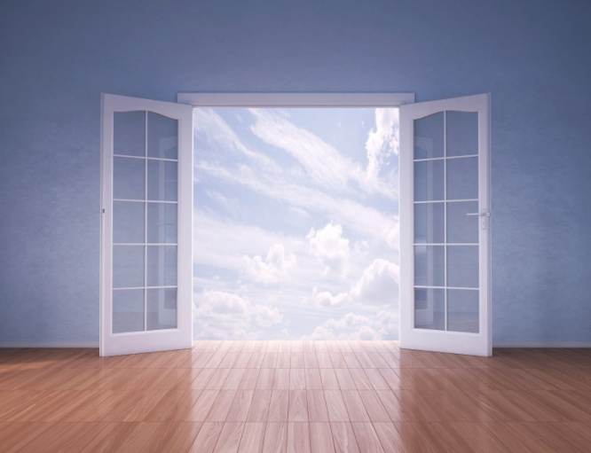 Doors opening to blue skies