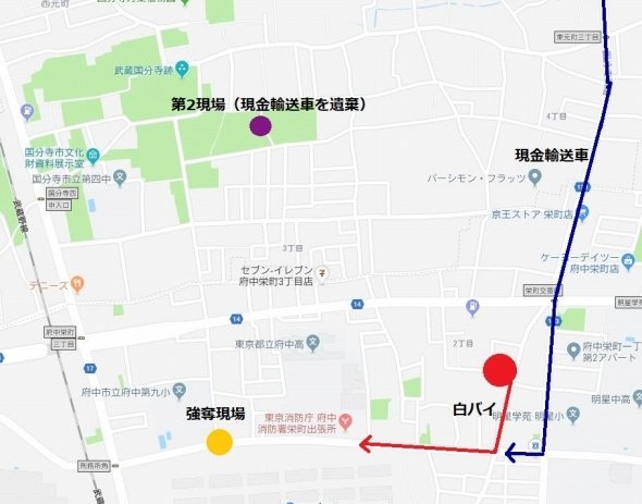 現金輸送車走行ルート（青）とニセ白バイの推定走行ルート（赤）の位置関係。赤丸付近が第3現場